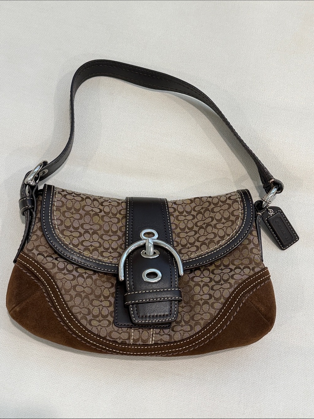 Coach Brown Monogram Canvas & Suede Shoulder Bag with Buckle